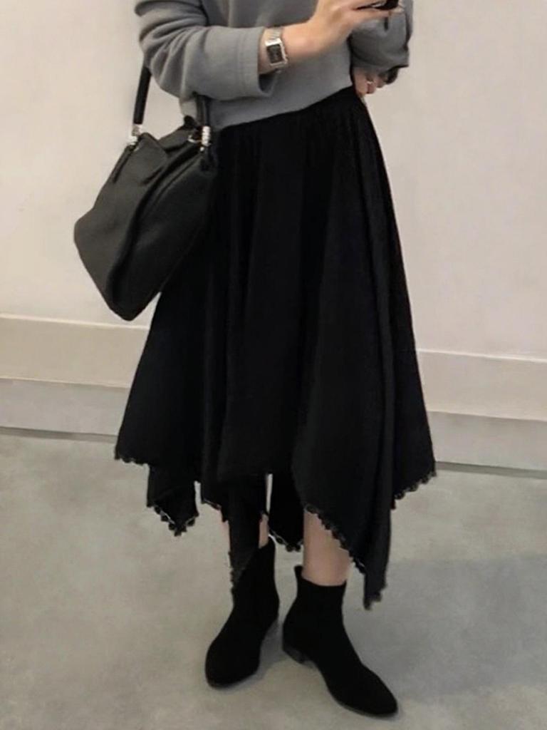 Spring 2026 Women's Retro Lace Hem A-line Skirt - High Waist, Irregular, Slimming Design