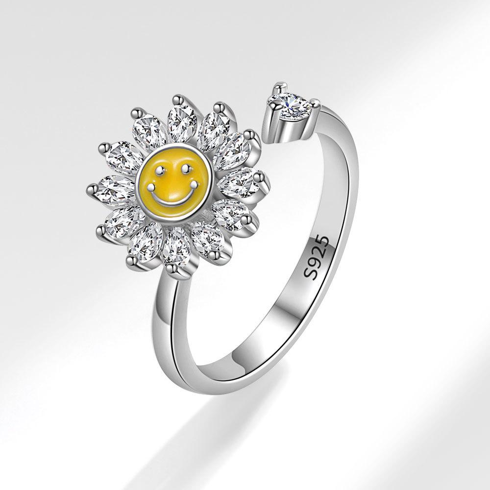 Adjustable Rotating Sunflower Ring For Women Zircon Open Band Anxiety Relief Stress Reducing Jewelry Gift opening adjustable белого золота