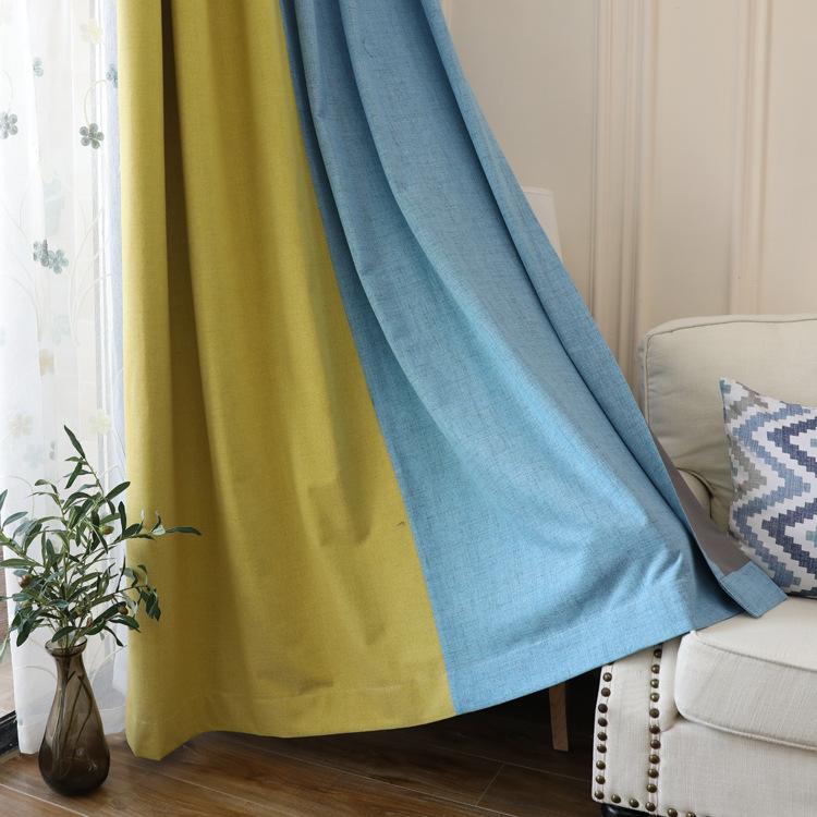 Simple Solid Color Splicing Curtains, Multi-Color Full Shading Nano-Coated Hemp Curtains Finished Product Customization