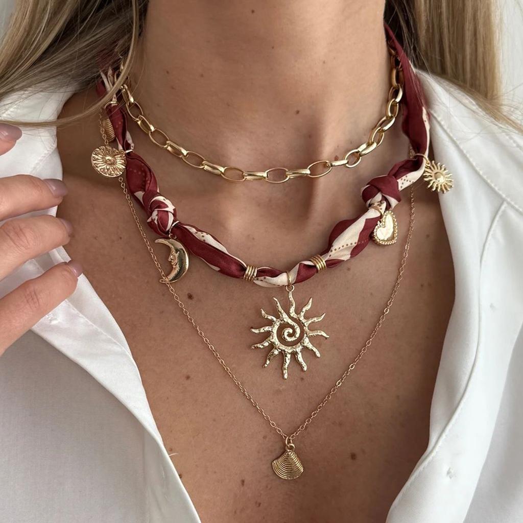 SHIXIN 3pcs/set Bohemian Golden Moon Sun Conch Pendant Necklace Women 2026 Trendy Weaving Scarf Choker Necklace Vacation Jewelry