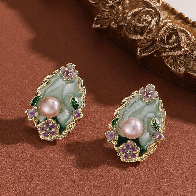 Садовые жемчужные серьги - Цветные глазурованные цветочные пусеты - Жемчужные украшения в ретро-стиле