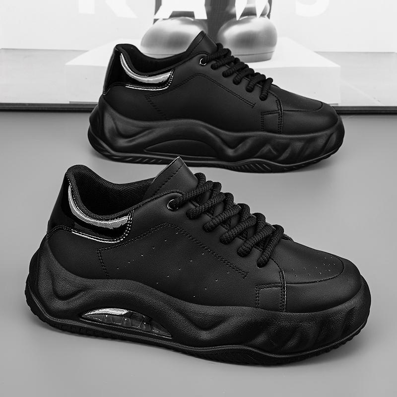 Schwarze Shell Toe Sneakers aus Leder für Herren – Dicke Sohle, trendige Herbst-Sportschuhe
