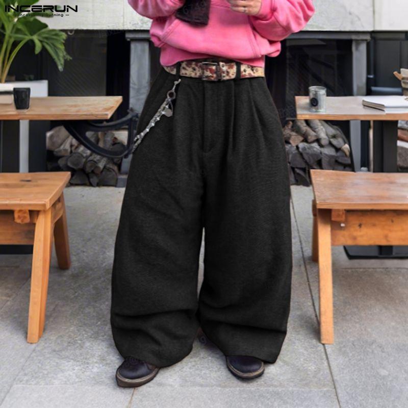 INCERUN Autumn Men's Zipper Waist Casual Baggy Wide Legs Pants Long Trousers