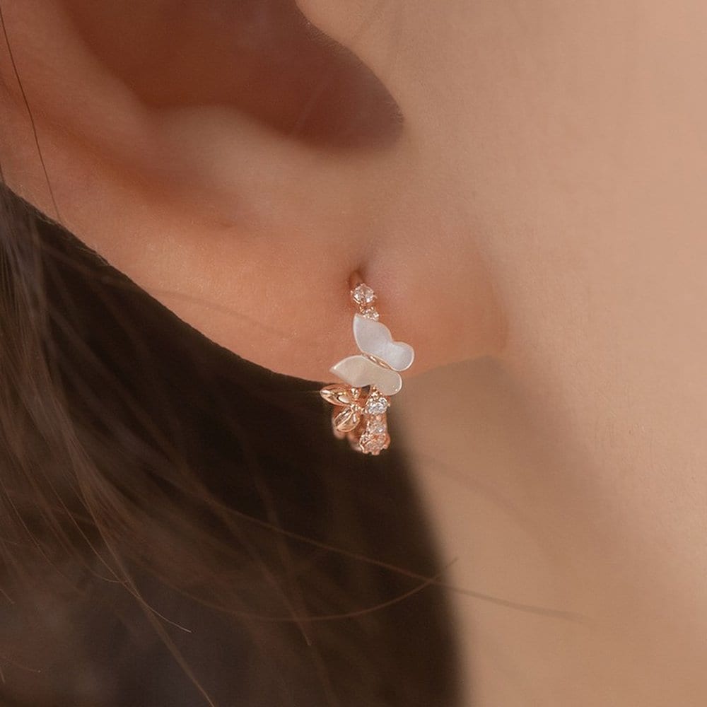 925 Silver Laon Natural Mother-of-Pearl Butterfly One-Touch Ring Earrings W