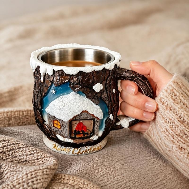 Christmas Tea Cup with Holiday Relief Pattern, Molded Shell, Metal Inner Cup for Gift Use and Winter Table Service