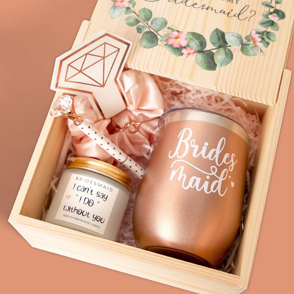 Bridesmaid Proposal Gifts, Bridesmaid Proposal Box, Will You Be My Bridesmaid Gift Wooden Box, Bachelorette Party Gifts, 12 oz Stainless Steel Wine