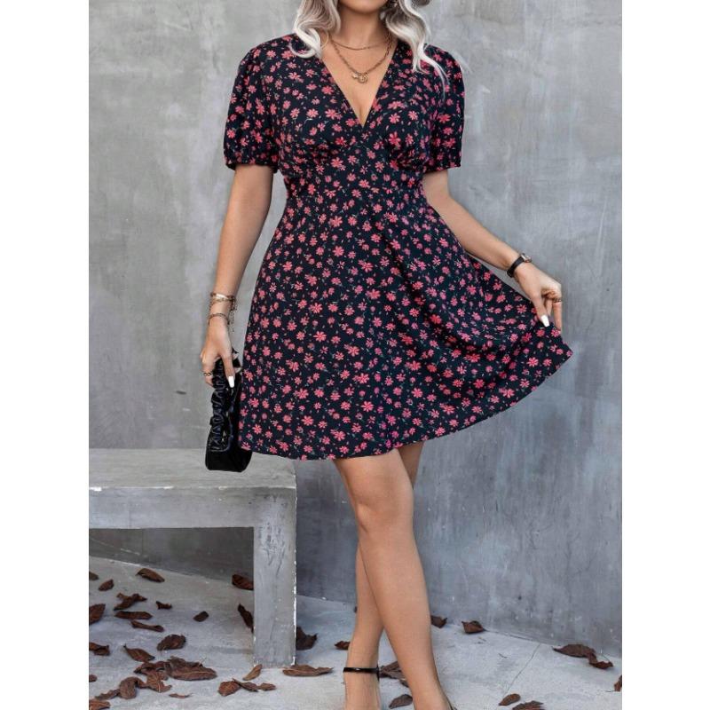 Fashion Elegant Floral Printed Dress Women's Plus Size Loose V Neck Casual Slim Waist A-line Party Dress Short Sleeved Bohemian V-neck Loose Clothing