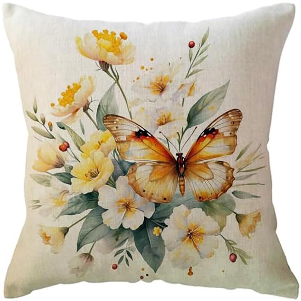 

Orange Butterfly and Golden Chrysanthemum Pastoral Style Pillowcase Bedroom Sofa Decorative Cushion Cover with Zipper 16x16Inch