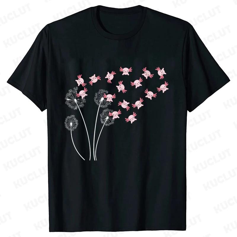 Dandelion Axolotl Flower T-shirt for Women Fashion Casual T-shirts Short Sleeve Axolotl Lover Women Tee Shirt Kawaii Clothing Shirts