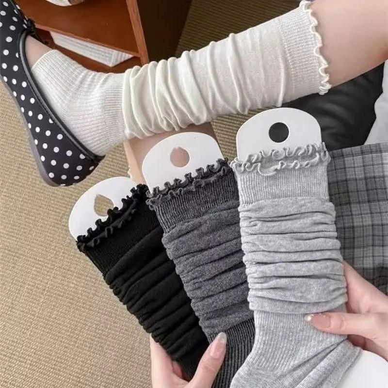 1/3 Paare Ballett Mittelhohe Wadenstrümpfe Dünn Rüschenrand Baumwolle Lässige Beinstulpen Damen Sommer Flip-Flops Plissierte Gestapelte Strümpfe