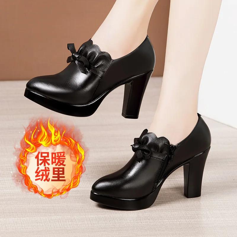 9cm 11cm Small Size 32-43 Elegant Black Bow Block High Heels Shoes for Office Model 2025 Thick Bottom Deep Mouth Platform Pumps