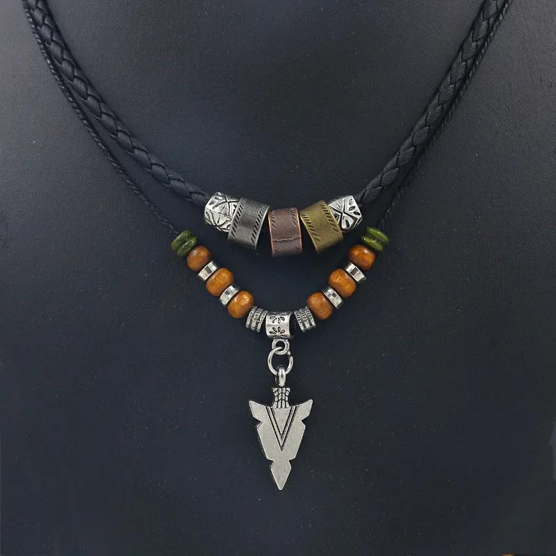 Stacked Leather Rope Beaded Necklace Vintage Tribal Arrow Pendant Jewelry For Men Hombre Layered Collar