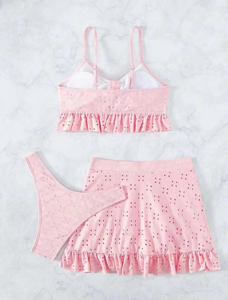 European and American Women's Fashion Solid Bikini Set 3 Pieces Swimwear Set Padded Ruffled Knot Top Briefs Ruffled Skirt Swimsuit Modest Bathing Suit