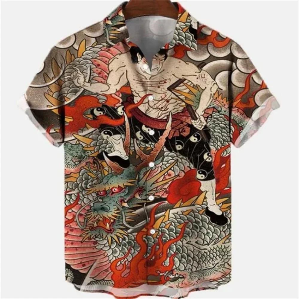 Summer Fashion Men's Dragon Pattern Element Shirt Casual Vintage Hawaiian Shirt Holiday Casual Men's and Women's Fashion Shirt