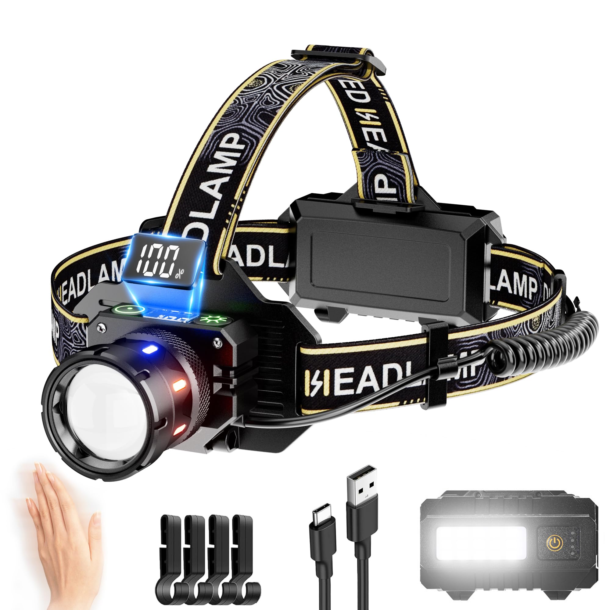 

Светодиодный налобный фонарь для 2025 Сенсор 2 света 9 USB Яркий шлем Аккумулятор большой емкости Идеально подходит для катастроф На открытом воздухе Ночью и для работы [Новый - Функция, Источники, чёрный