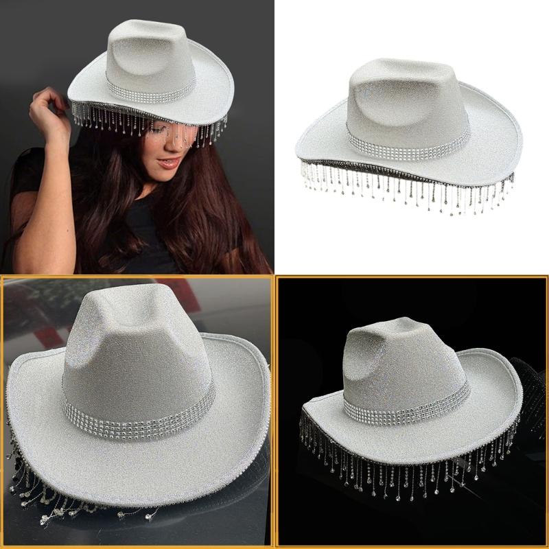 Shimmering Rhinestones Fringed Hat for Women Men Music Festival Fedoras Hat with Large Brims Glittering Powder for Party