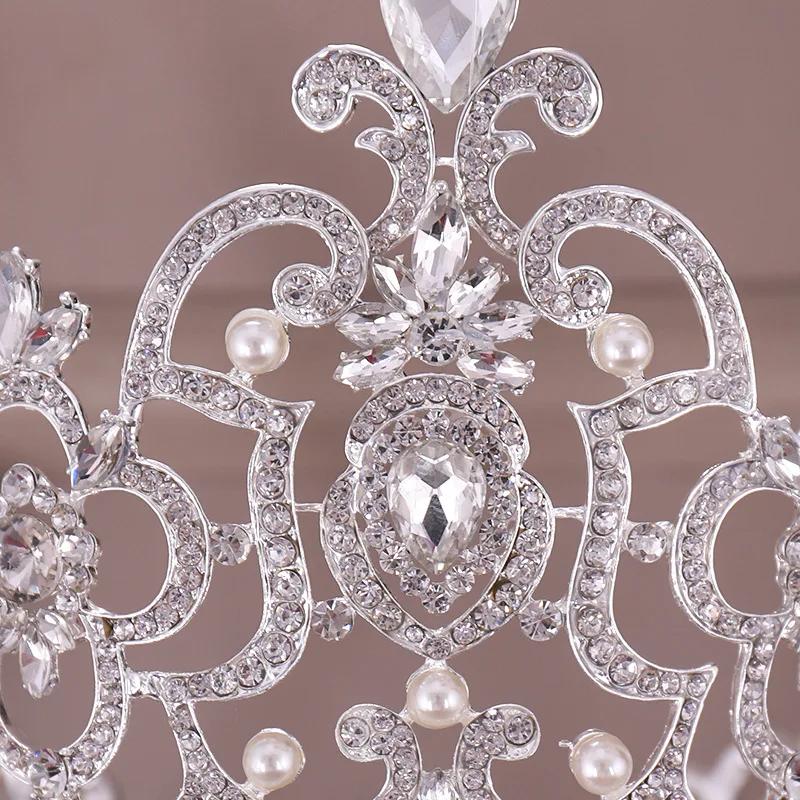 Baroque Vintage Crystal Pearl Big Tiara Crown Diadem Queen King Head Jewelry Bridal Tiaras Wedding Hair Accessories Ornaments