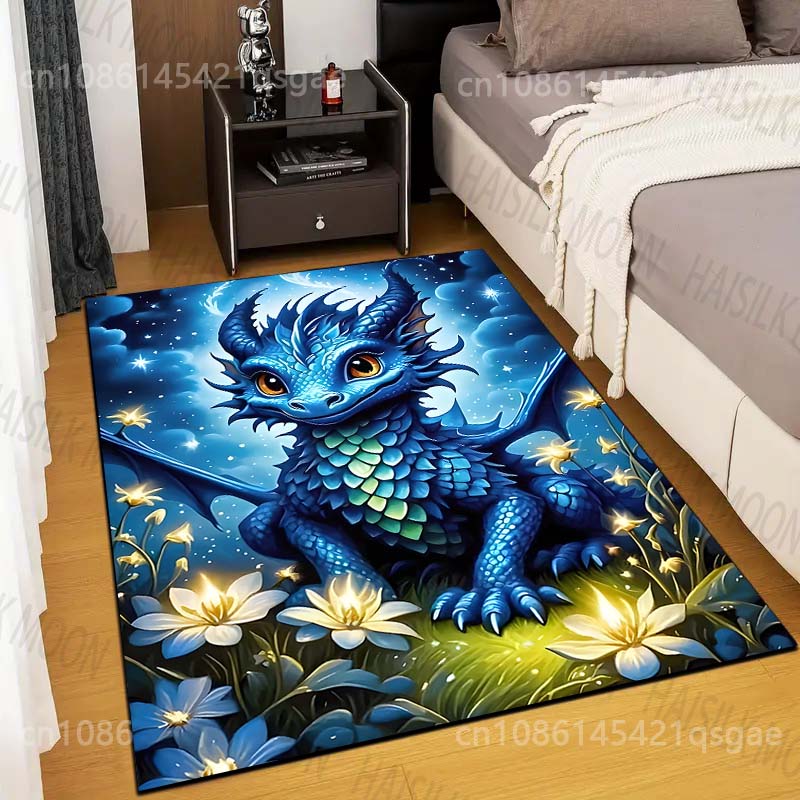 Mehrere Größen Blauer Drache mit leuchtenden Blumen Druck Teppich für Wohnzimmer Schlafzimmer Sofa Fußmatte Heimdekoration Rutschfeste Matte