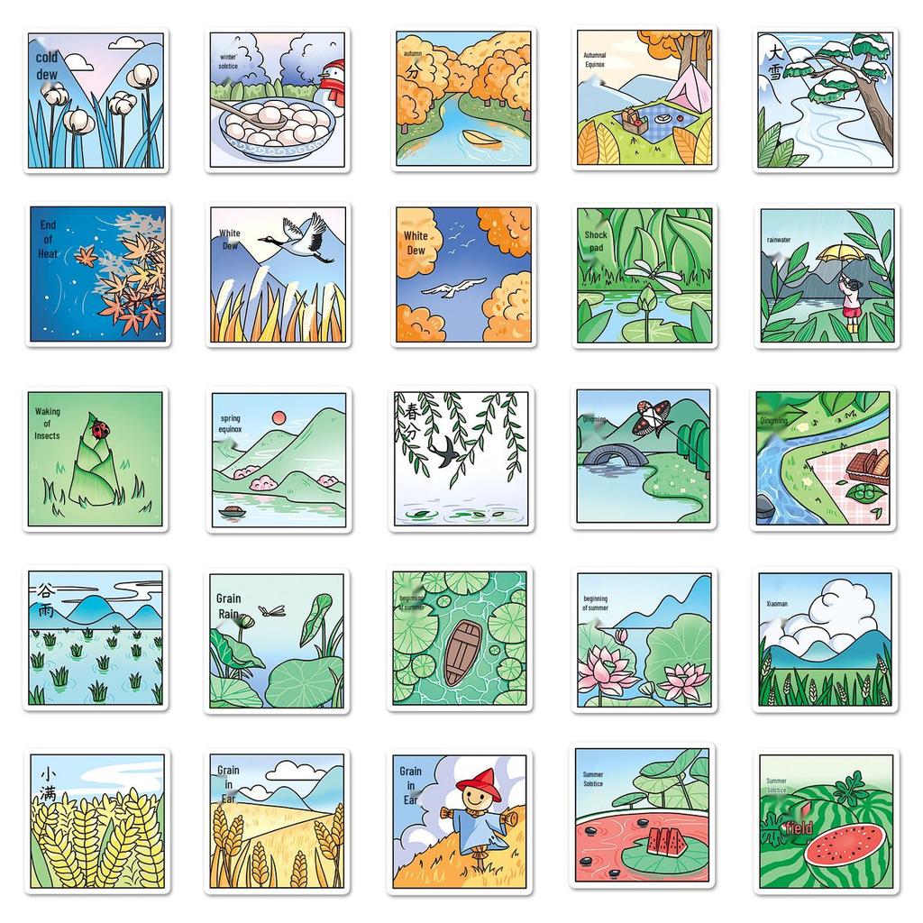 24 Solar Terms Doodle Stickers Set: 50 Original Hand-Painted Waterproof Stickers for DIY Phone Cases & Luggage