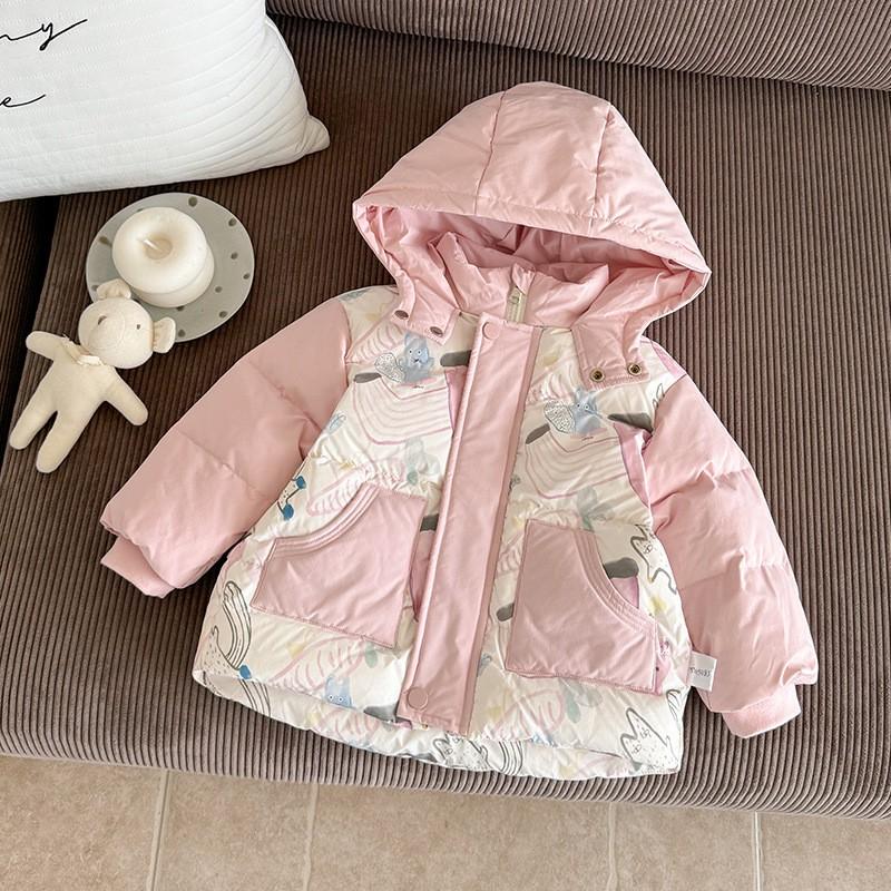 Girls Winter Down Jacket 1-3 Years Old Thick Warm Hooded Outerwear Toddlers 90g Fill 86-90% White Duck