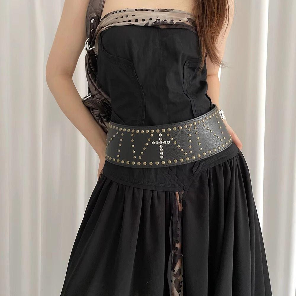 Wide Leather Waist Belt Y2k Women's Dress Belt Retro Cross Rivet Belt Waist Accessories