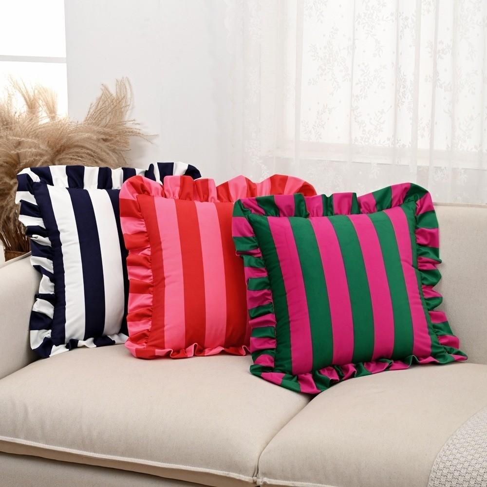 Striped Pillow Case Lotus Leaf Skirt Edge Bedding Pillow Cover  Bedroom Living Room