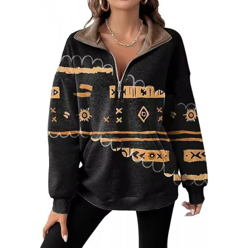 Womens Oversized Long Sleeve Pullover Top With Floral Print Half-Zip Collar Casual Cotton Sweatshirt