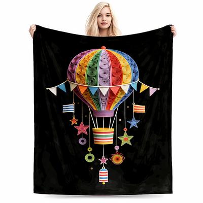 Colorful Hot Air Balloon Patterned Blanket with Black Background Decor Blanket, Suitable for Use In the Bedroom, Living Room, On the Sofa