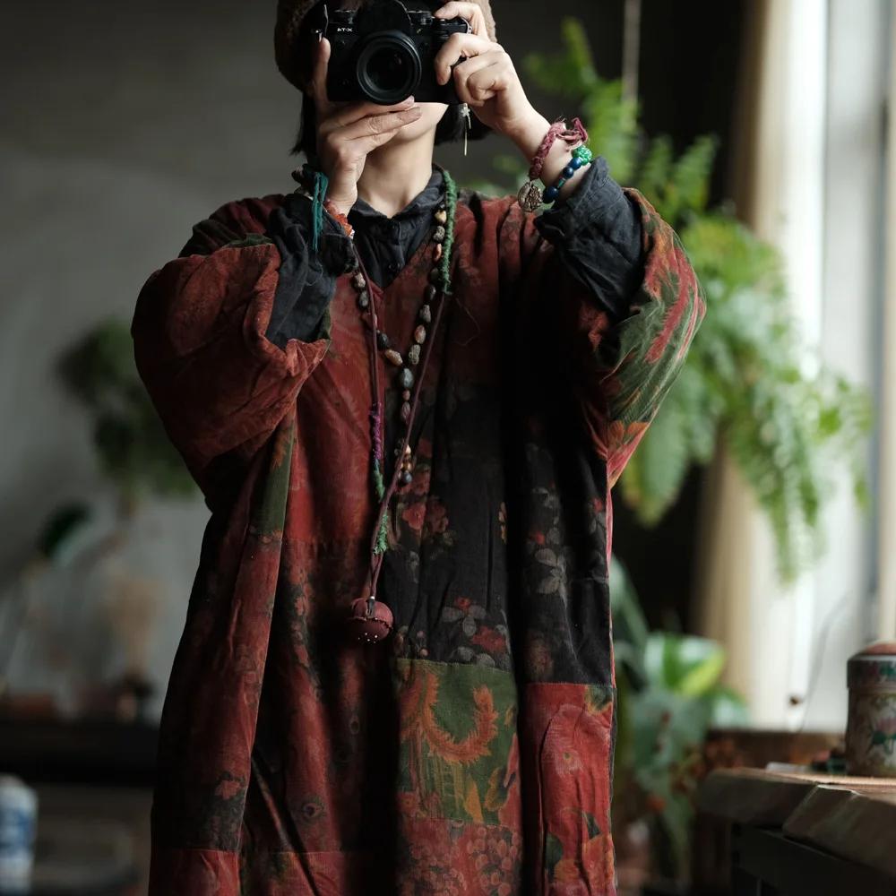 Johnature Women Patchwork Floral Pullover V-Neck Long Sleeve Warm Winter Chinese Style Female Dresses