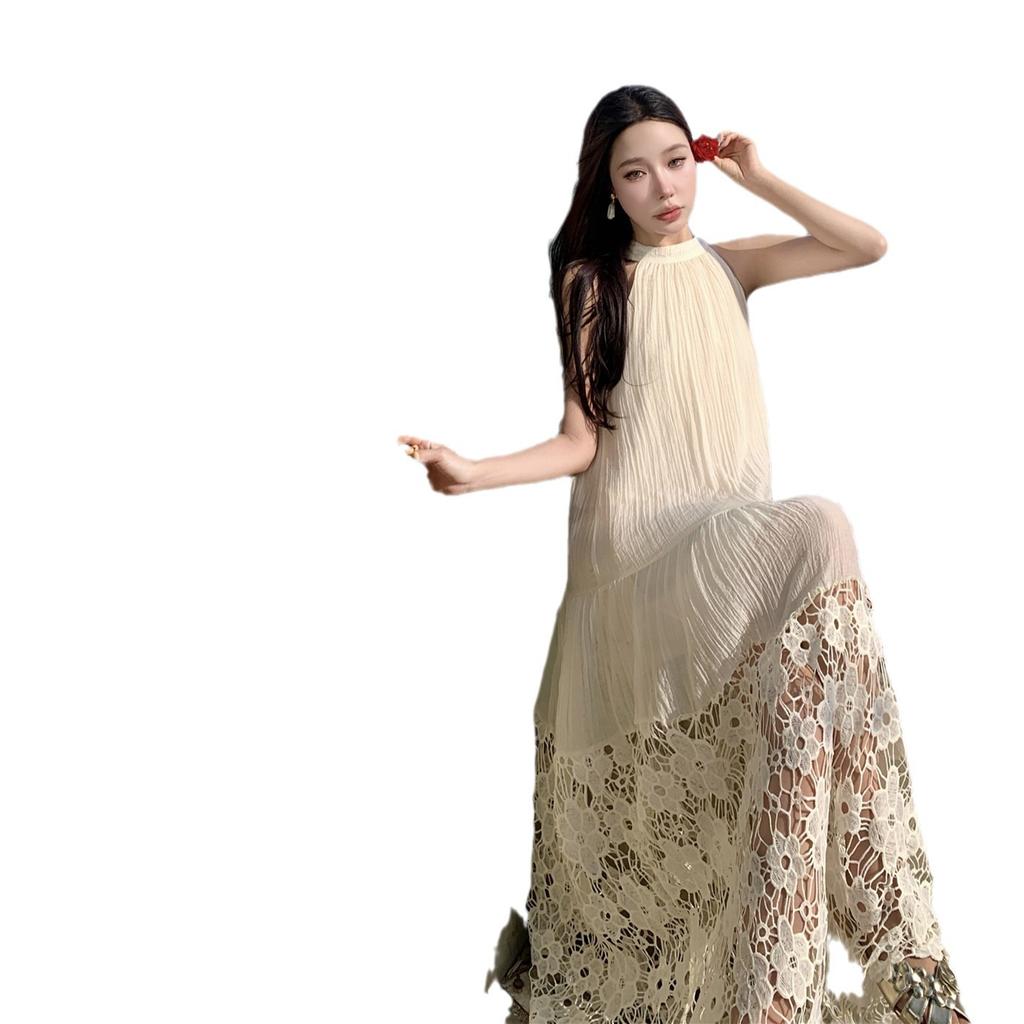 Summer New Apricot Splicing Lace Flower Neck Dress Seaside Vacation Beautiful Sleeveless Pendant Dress