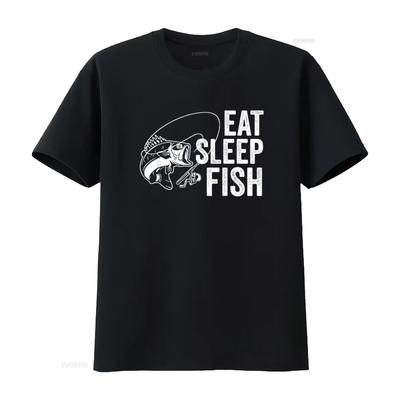 Mens Eat Sleep Fish Funny Fishing Youth Design T Shirt Black Medium Vintage Washed Graphic Top For Everyday Wear Stretched