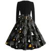 Women's Casual Vintage V Neck Dress Halloween Print Long Sleeve Retro Style A Line Midi Dress with Waist Tie Belt