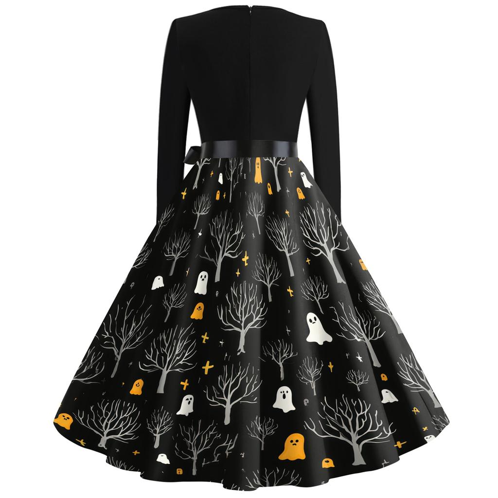 Women's Casual Vintage V Neck Dress Halloween Print Long Sleeve Retro Style A Line Midi Dress with Waist Tie Belt