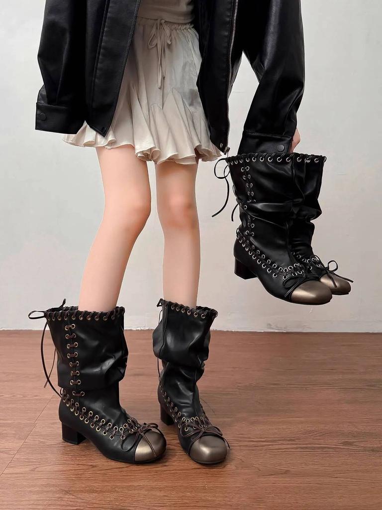 Women Boots Autumn Winter New Push Boots for Women Strappy Martin Boots Chunky Heel Mid Calf Short Boots Stylish Biker