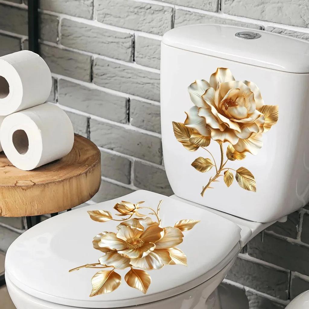 2 Beautiful Golden Flower Toilet Stickers Bathroom Toilet Lid Decorative Stickers Waterproof Self-adhesive