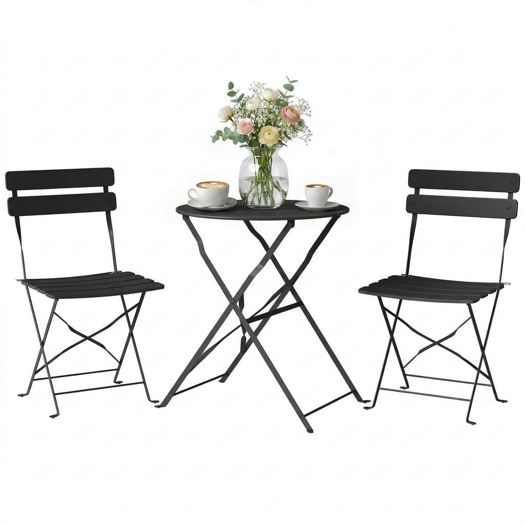 Garden Bistro Set, 3-Piece, Table, 2 Folding Slatted Chairs, Rustproof Protection, Black
