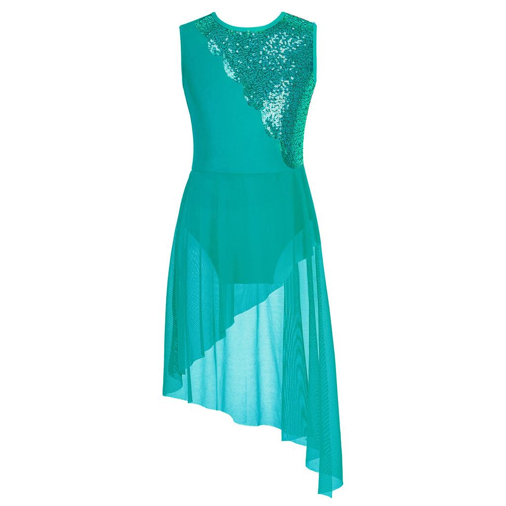 Vestido de Baile para Niñas sin Mangas Cuello Redondo Patchwork de Lentejuelas Brillantes Dobladillo Irregular Espalda Hueca Vestido de Actuación