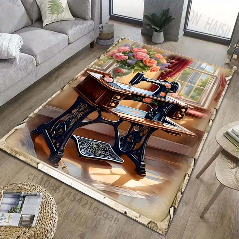 Retro Sewing Machine Patter Carpet for Living Room Bedroom Bedside Bathroom Floor Mat Area Rug Sofa Home Decor for Gifts