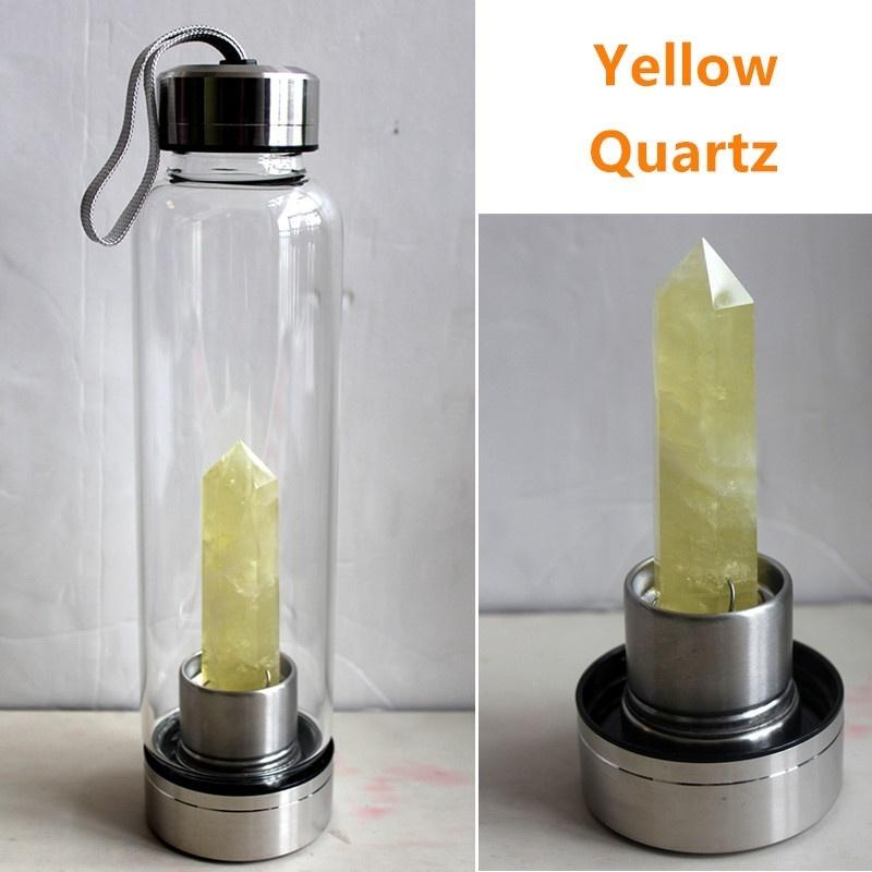 Botella de agua de cristal curativo natural de 550 ml con tapa de acero inoxidable 304, varita de piedra de cuarzo fluorita, botella de vidrio energético, taza de agua