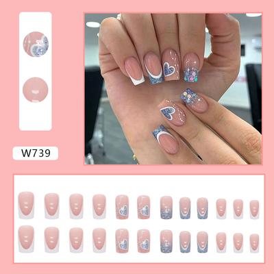 24PCS Mid To Long Length Nail Art With Sparkling Heart-Shaped Fake Nail Pieces, Wearable Sweet Girl Nail Art Pieces