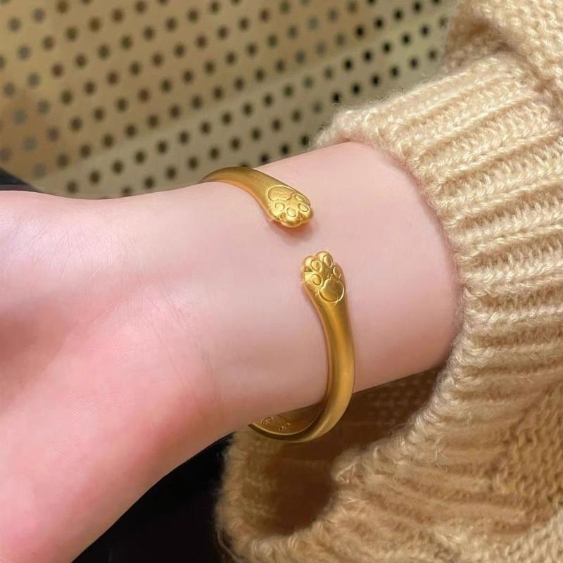 Matte Gold Cuff Bangle With Adorable Cat Paw Details Adjustable Opening For Daily Wear Birthday Gift For Cat Loving Women