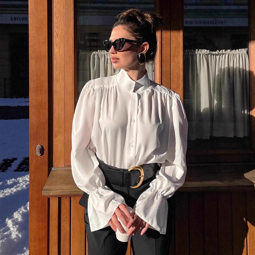 Fashion temperament French white bubble sleeve shirt women's 1116 autumn commuter cotton drape stand-up collar top women's clothing