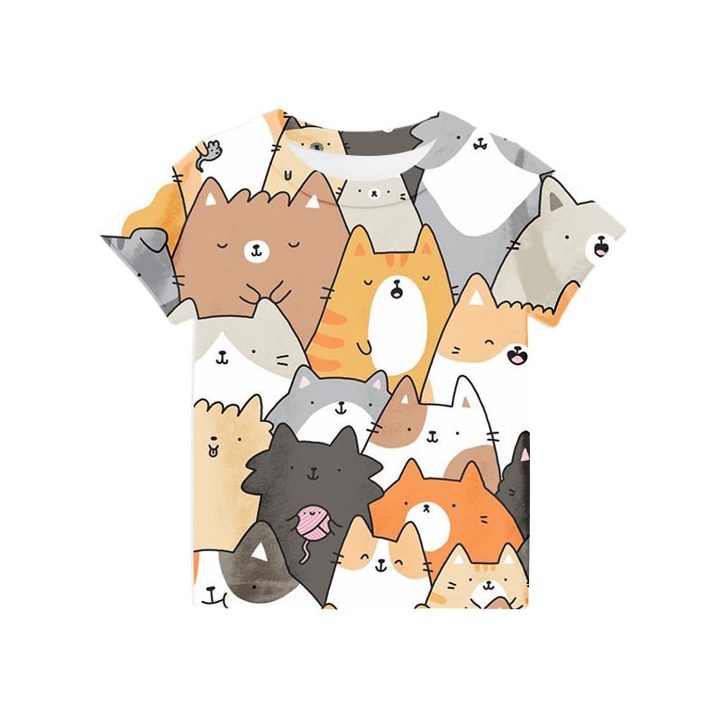 

Детская летняя футболка с милым кошачьим принтом для детей от 2 до 14 лет, повседневный топ с короткими рукавами и круглым вырезом в стиле унисекс в стиле Харадзюку для мальчиков и девочек