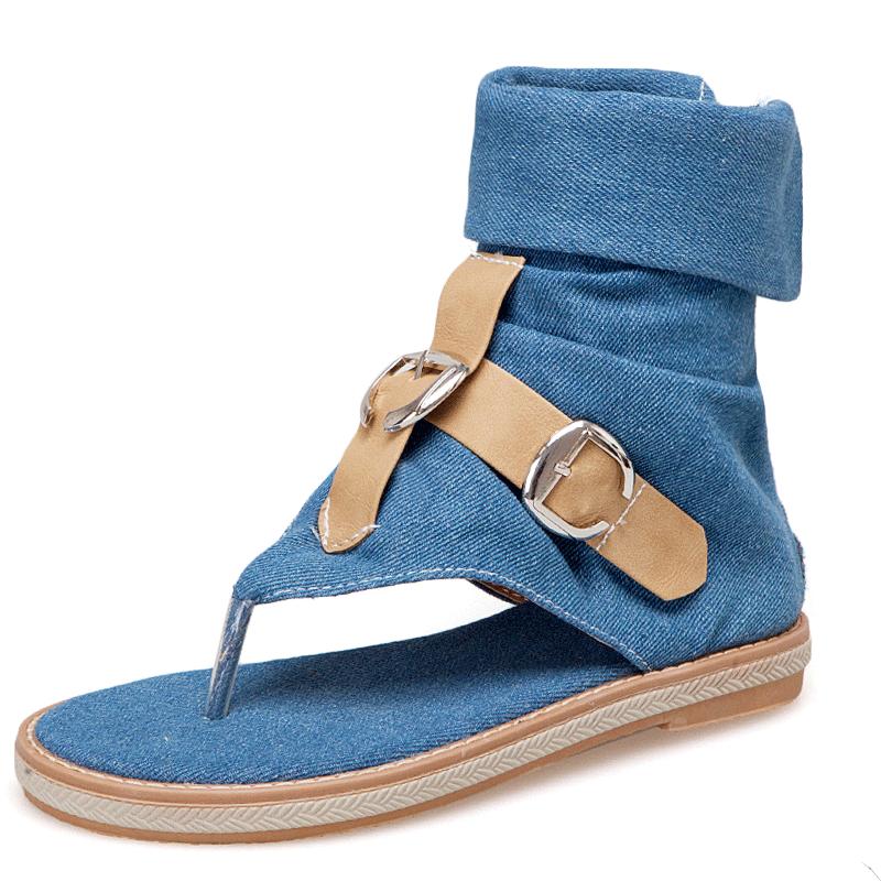 High Top Slippers Women Sandals Fashion Denim Roman Gladiator Sandals Summer Ladies Beach Shoes Female Zippe Flat Sandalias