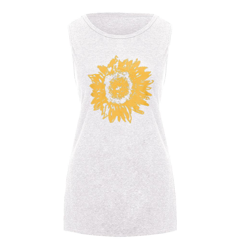 Womens Ladies Summer Sunflower Pattern Loose Round Neck Sleeveless T-shirt