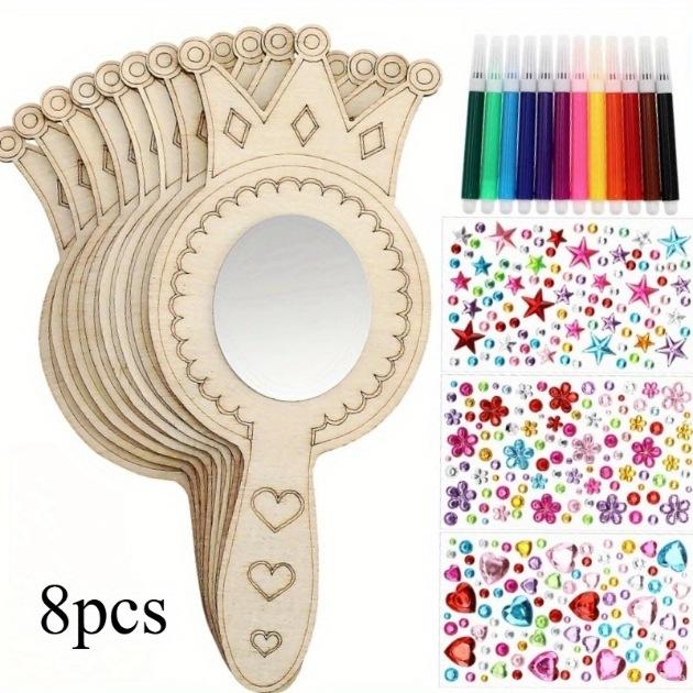 

8Pcs Wooden Mirror Craft Kids Decorate Mirrors Unfinished Wooden Princess Mirror Crafts With Paintbrushes Birthday Party Gift