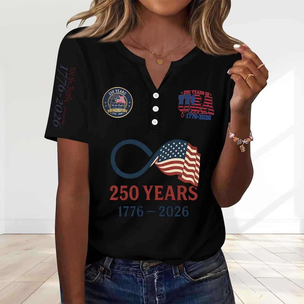 Women's Fashion Casual 250th Anniversary Independence Day Print V-Neck Short Sleeve Decorated Button-Up T-Shirt