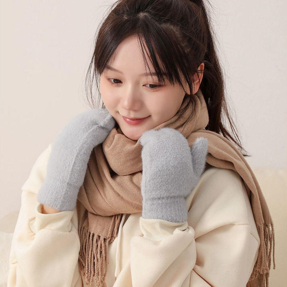 Fleece Knitted Gloves Full Fingers Winter Mittens Soft Plush Mittens  Skiing