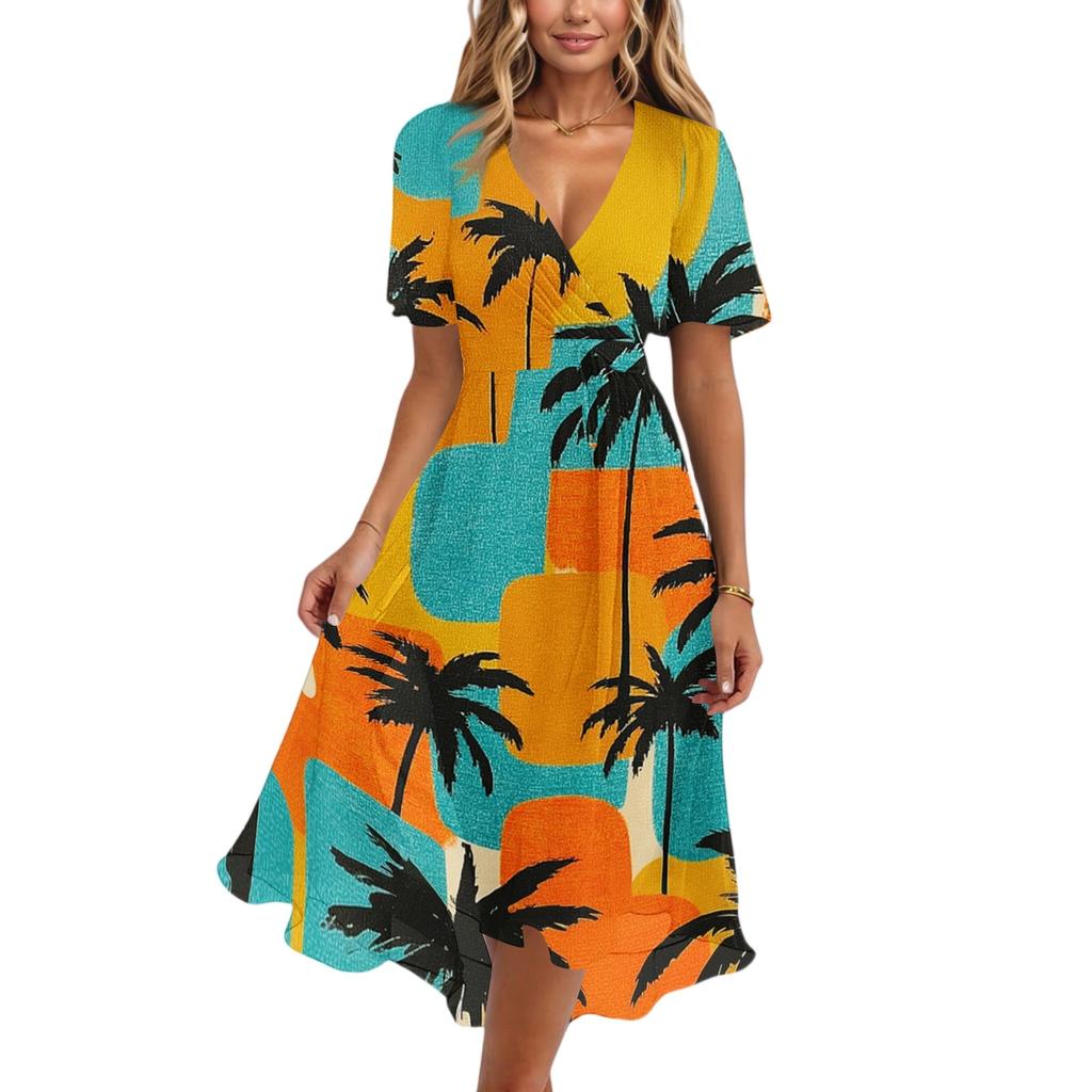 Women's Fashion Casual V Neck Short Sleeve Ruffled Vintage Printed Dresses