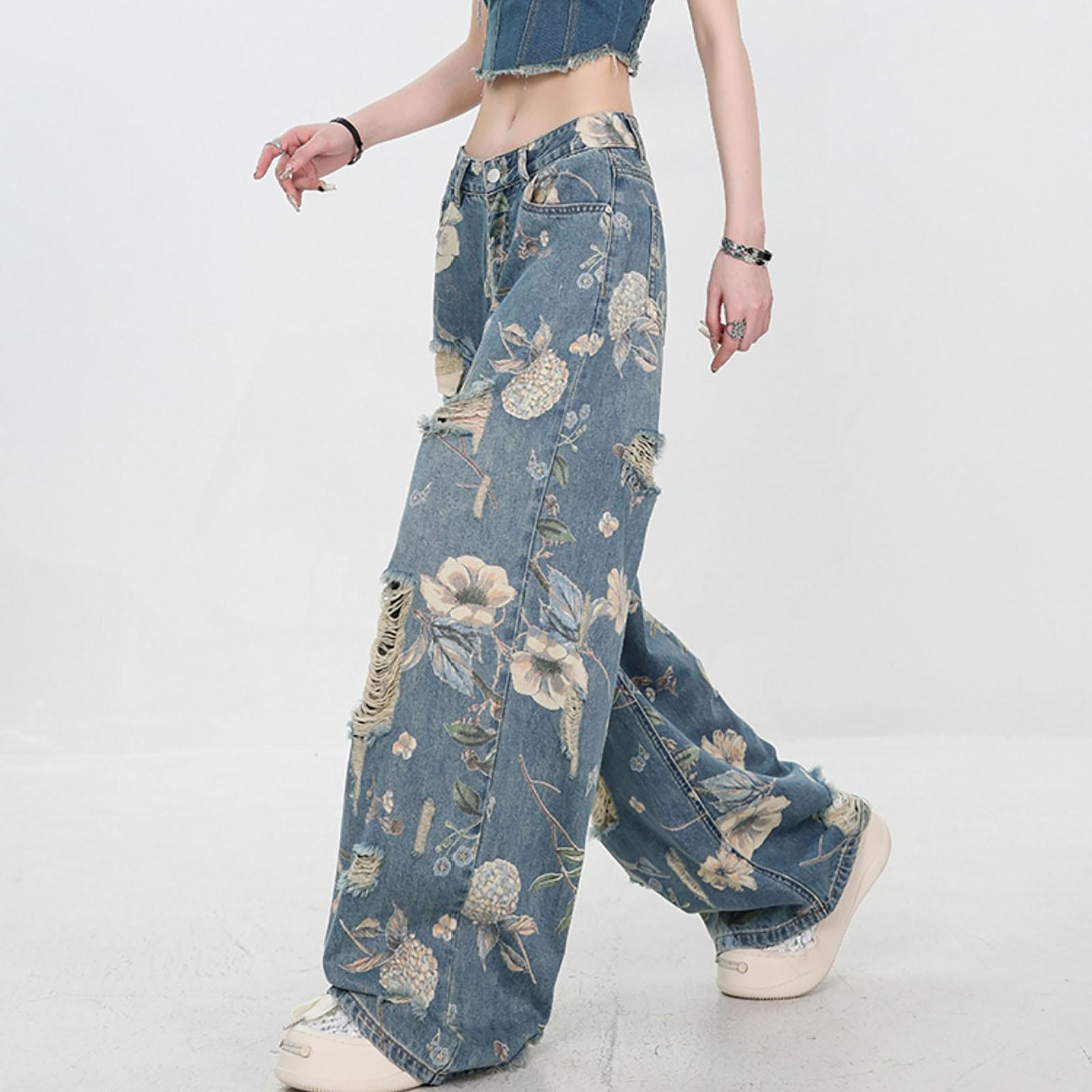 Женская мода ретро личность потертый старый с высокой талией ретро свободные прямые — фото 7